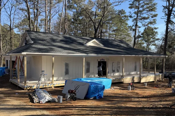 New home construction project with framing and structural work underway